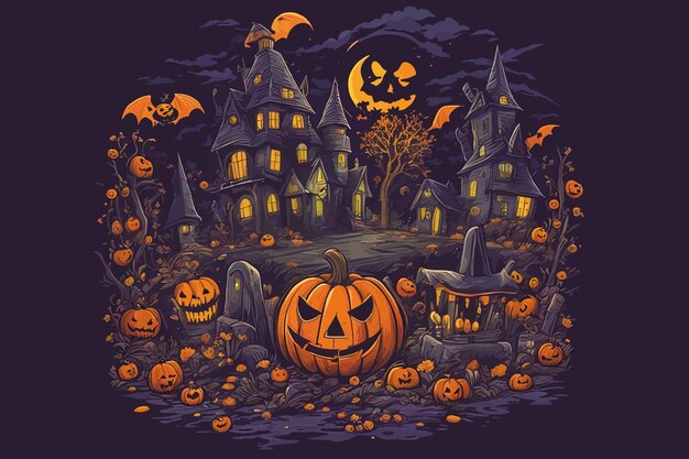 halloween pumpkin and witch castle vector designvector illustration of halloween pumpkin with batsh