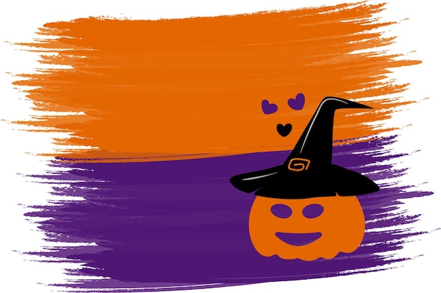 ハロウィーン・パプキン・イン・ウィッチ・ハット (Halloween pumpkin in witch hat on brush stroke) はオレンジ色紫色黒色のトレンドリーな背景でコピースペースアイソレート・EPS (Isolate EPS) サイングリーティング招待カードポスターウェブサイトなどに使うのに適しています