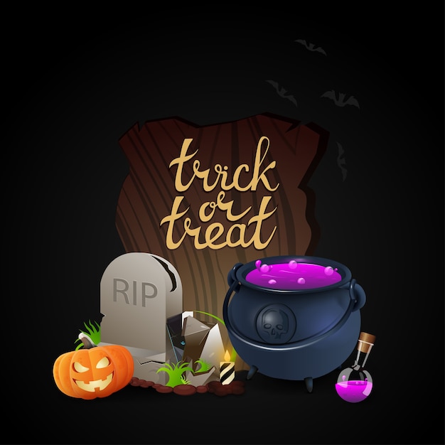 Vector halloween pumpkin and witch pot