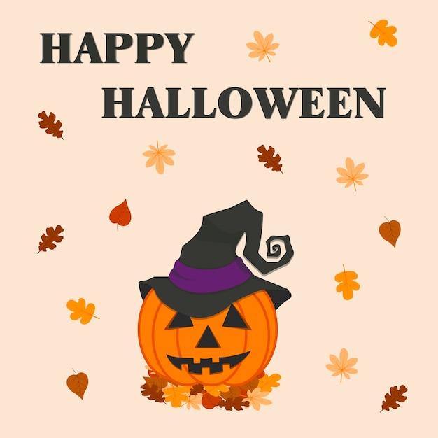 Тыква Хэллоуина в шляпе ведьмы с текстом Happy Halloween. Иллюстрацию можно использовать как открытку,