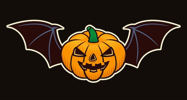 Vettore la zucca di halloween con le ali del pipistrello vector l'illustrazione colorata di stile del fumetto isolata su fondo scuro