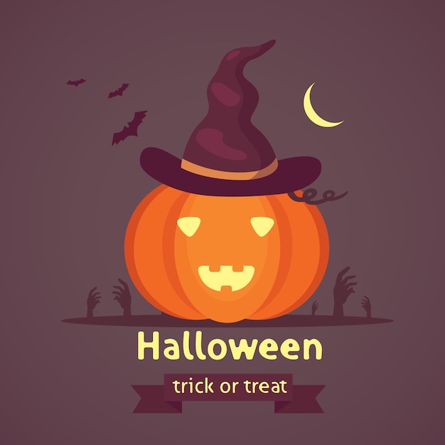 Vector halloween pumpkin with cute face on dark background.  cartoon illustration.
