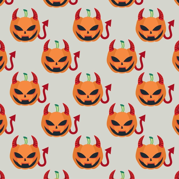 Halloween pumpkin with devil horns and tail for festive decoration in seamless pattern
