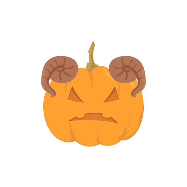 Halloween pumpkin with a displeased and angry face carved. There are two horns on the head. Vector