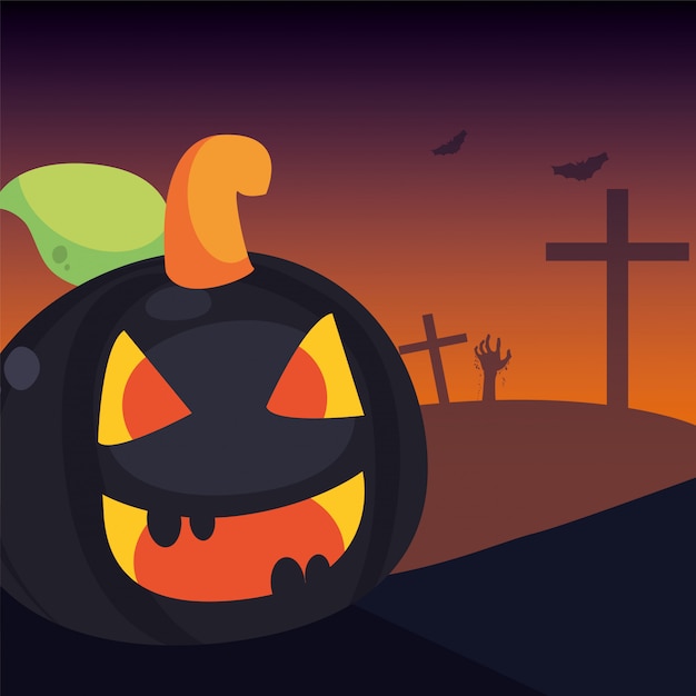 Vector halloween pumpkin with fear face in cemetery scene
