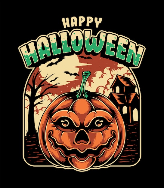 Halloween pumpkin with haunted house premium