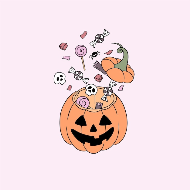 Halloween pumpkin with sweet vector print. trick or treat