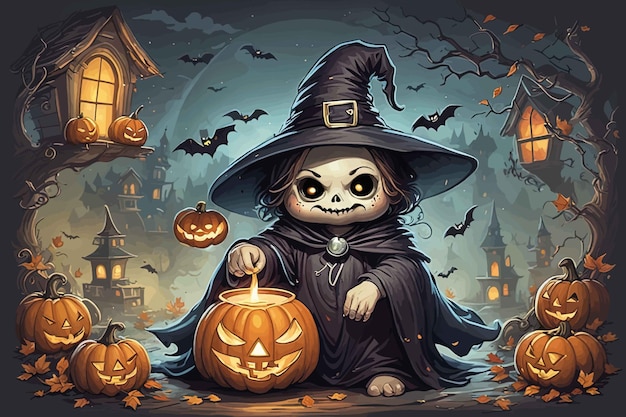 halloween pumpkin with witch on the background of the moon and pumpkins high quality illustrationha