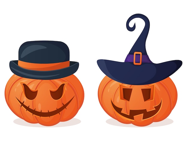 Halloween pumpkin with witch hat and bowler hat