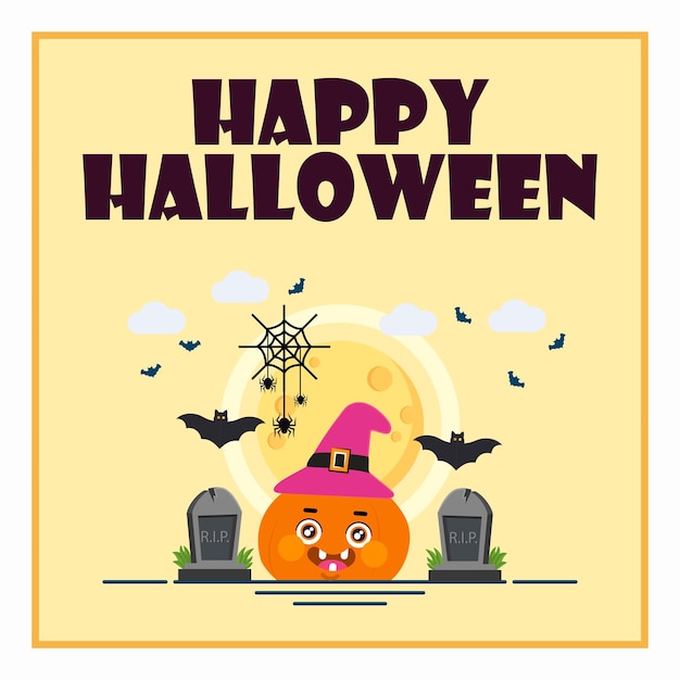 Halloween pumpkin with witch hat. horror party Happy Halloween. social media post design.