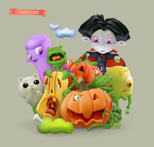 Vettore zucche di halloween. illustrazione di cartone animato vettoriale 3d