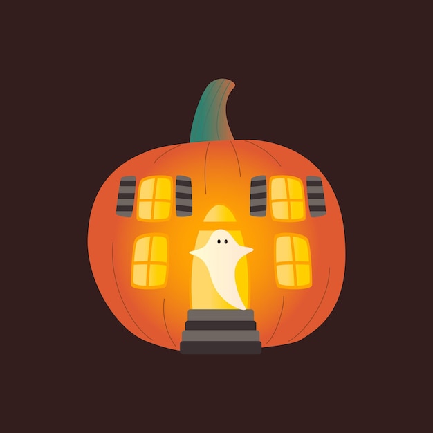 Vector halloween pumpkins autumn holiday pumpkin house with cut out windows doors and ghost