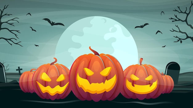 Halloween pumpkins on the background of a night cemetery. Vector.