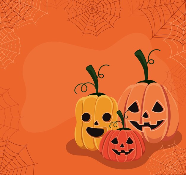 Vector halloween pumpkins cartoons with spiderwebs design, holiday and scary theme