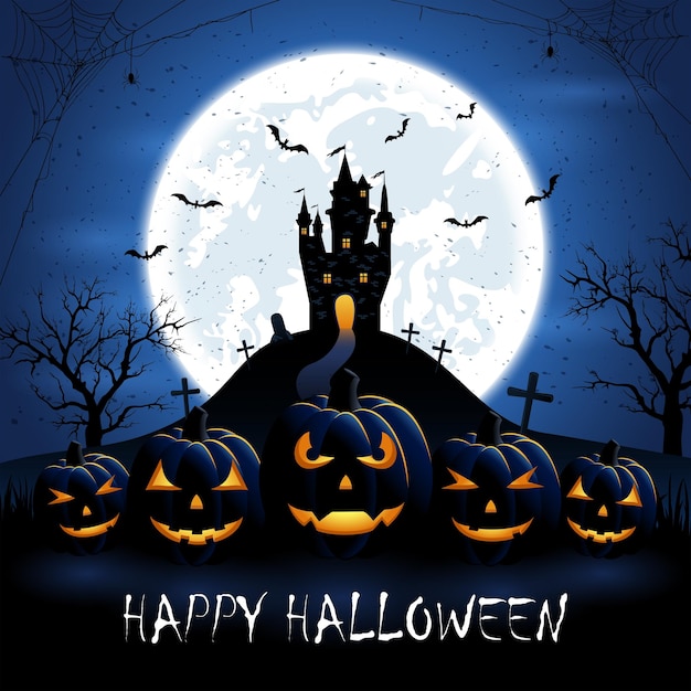 Halloween pumpkins and castle on blue night background
