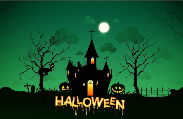 Halloween pumpkins and dark castle on Moon background Lantern and spooky tree and owl