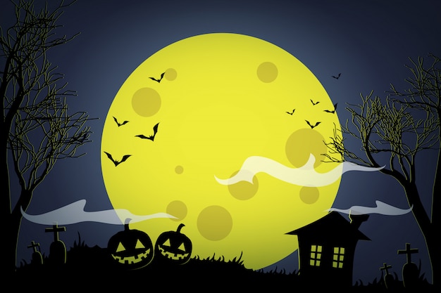 Vector halloween pumpkins and dark house on yellow moon.