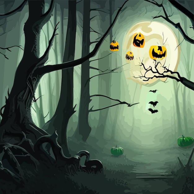 Halloween pumpkins in the dark spooky forest vector illustration for halloween