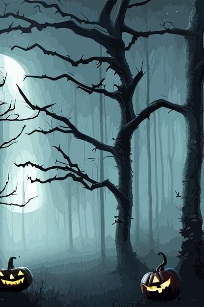 Zucche di halloween nell'illustrazione vettoriale della foresta oscura e spettrale per halloween