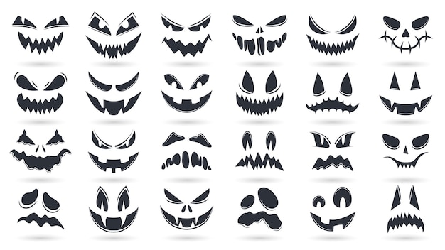 Facce di zucche di halloween. le emoticon spettrali del fantasma affrontano l'insieme dell'illustrazione di vettore isolato. i volti di zucca spaventosi sorridono e si spengono in modo spettrale