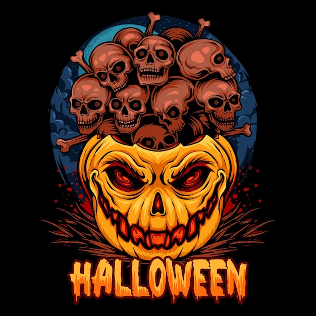 Vector halloween pumpkins filled with piles of skulls very scary