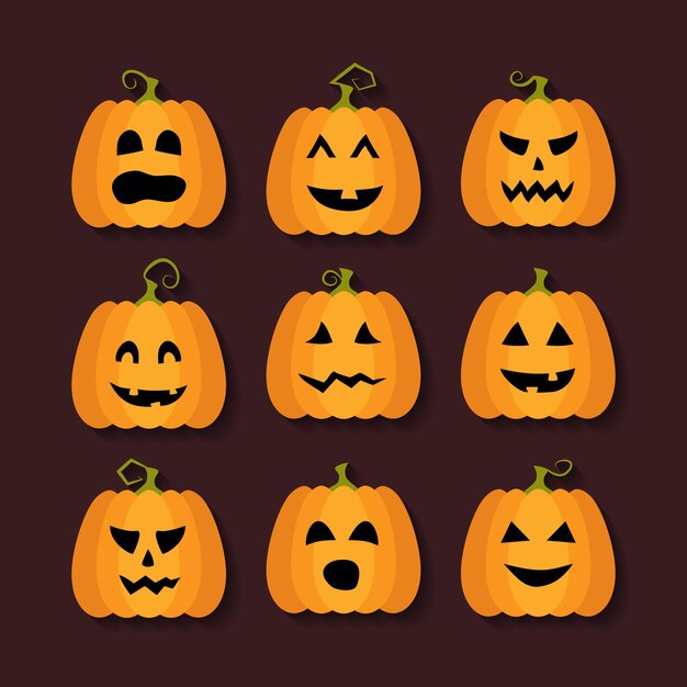 Halloween pumpkins flat icons set. vector illustration