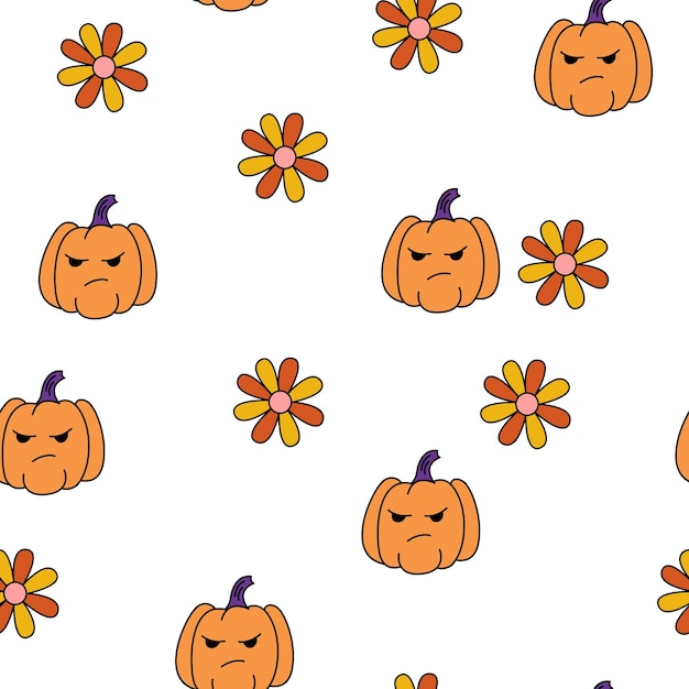 Halloween pumpkins  and flowers seamless pattern. Creepy and spooky background. Retro doodle hallowe