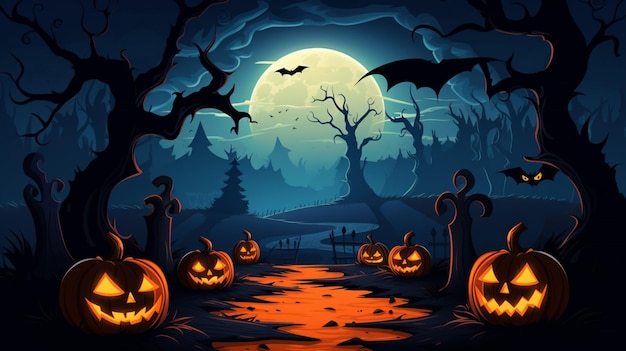 Vector halloween pumpkins in a forest with a full moon behind them