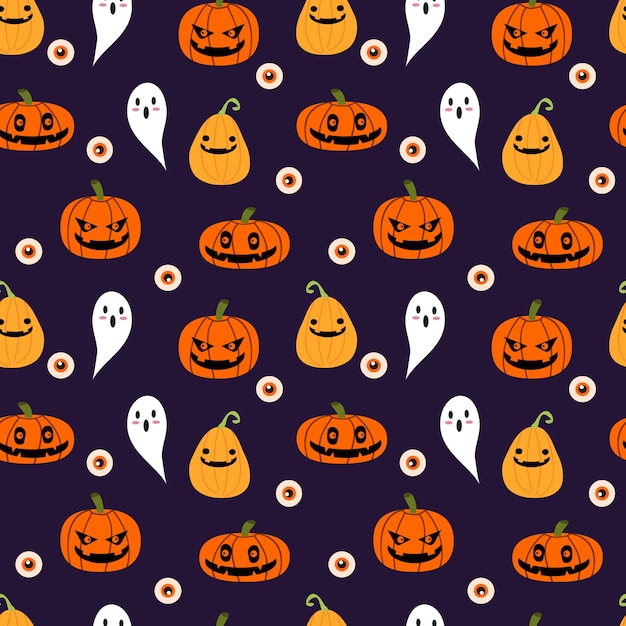 Halloween pumpkins, ghost and eyeball seamless pattern.