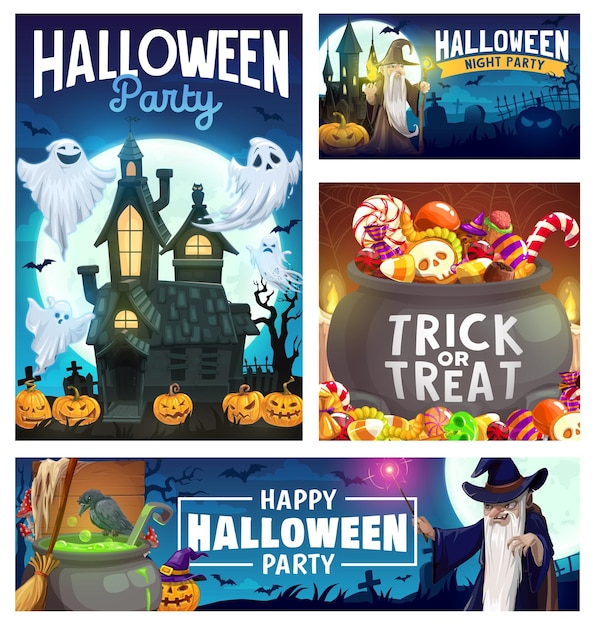 Halloween pumpkins ghosts wizard and candies