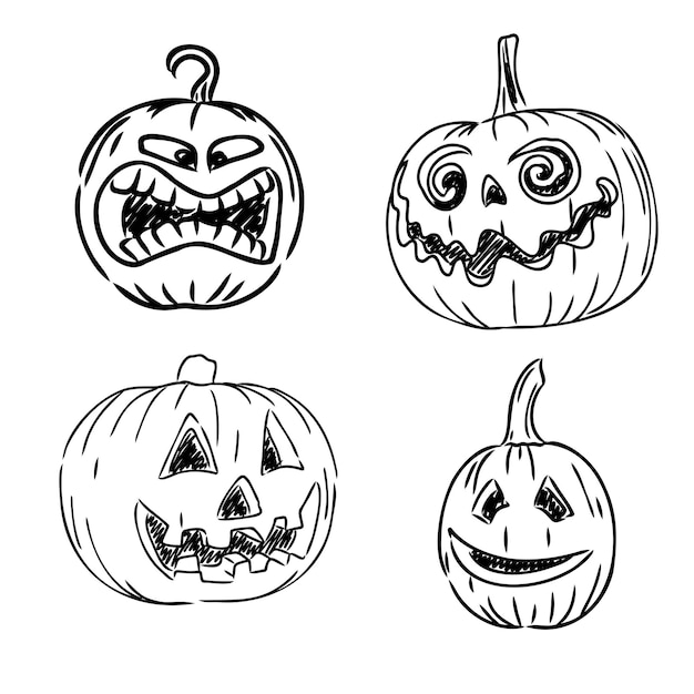 Halloween pumpkins hand drawing doodle sketch style set with different facial expressions