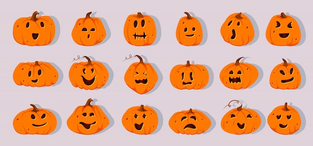 Insieme del taglio della carta delle zucche di halloween. zucca di diverse forme con emozione di facce carine intagliate. sorriso di zucca taglio divertente divertente raccapricciante segno. decor per l'invito alla festa dell'orrore di ottobre. illustrazione