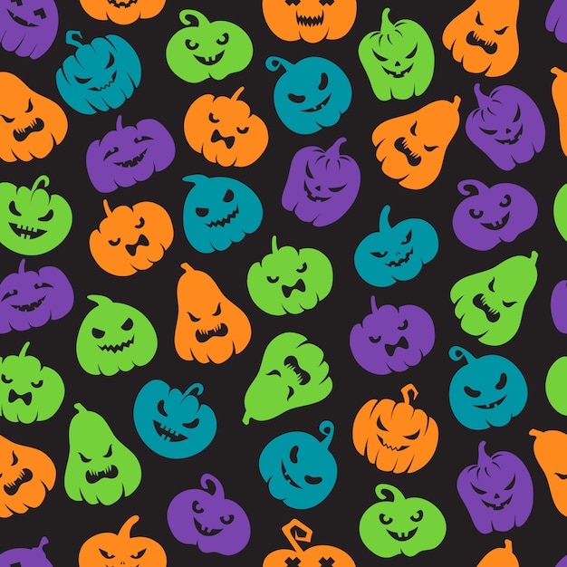 Vector halloween pumpkins seamless pattern. scary jack o lantern face silhouettes. happy halloween vector endless backdrop