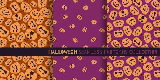 Halloween pumpkins seamless patterns collection Ornament with pumpkins with different faces Three vector illustration