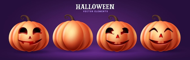 Хэллоуин тыквы набор векторного дизайна Хэллоуин тыква оранжевые элементы, изолированные в фиолетовом цвете