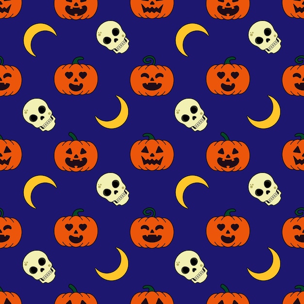 halloween pumpkins, skull and moon seamless pattern on dark blue background vector illustration