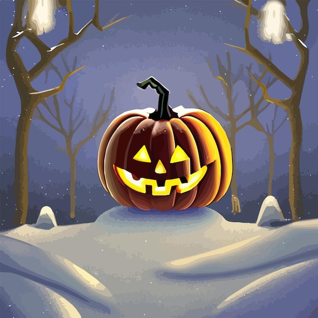 庭の雪の中でハロウィーンのカボチャとベクトル イラストのコウモリ