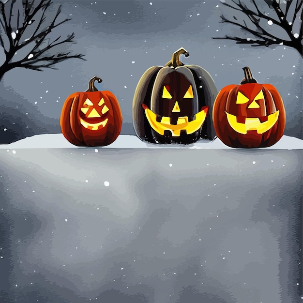 庭の雪の中でハロウィーンのカボチャとベクトル イラストのコウモリ