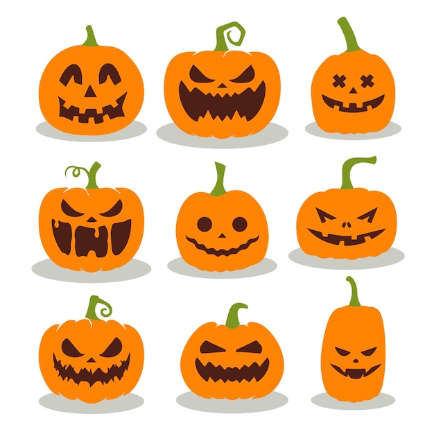 Halloween pumpkins with cute smile Vector cartoon Illustration set