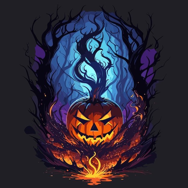 Vettore zucche di halloween con fiamme e alberi illustrazione vettoriale su sfondo scuro