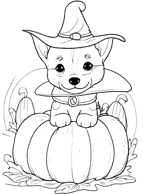 Vettore halloween puppy delight cappello da strega e zucca da colorare pagina vettoriale