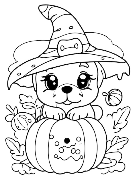 Halloween puppy delight cappello da strega e zucca da colorare pagina vettoriale