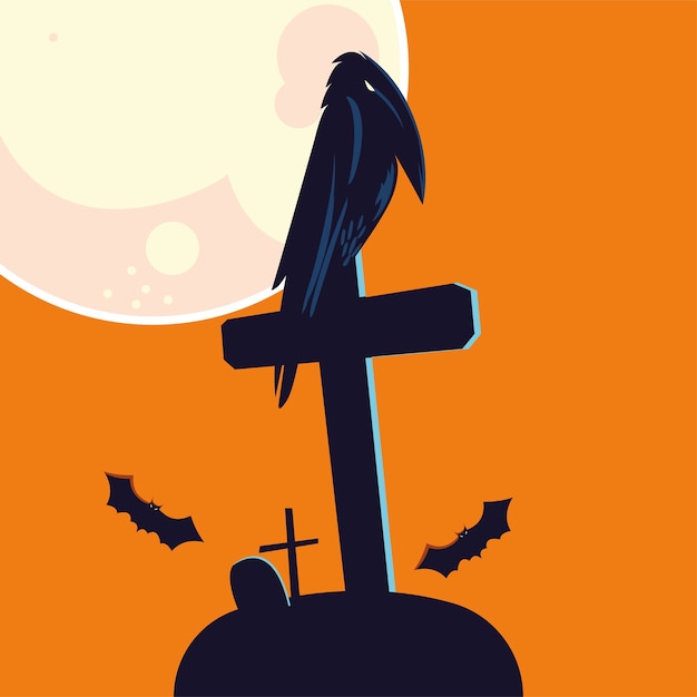 Vector halloween raven cartoon on grave design, holiday and scary theme