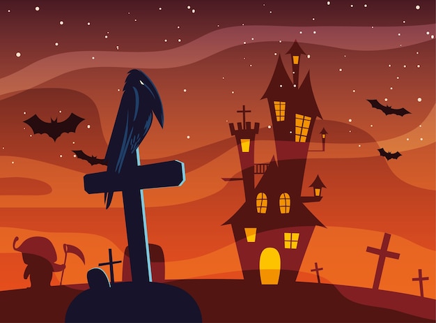 Хэллоуин ворон мультфильм на могиле перед замком