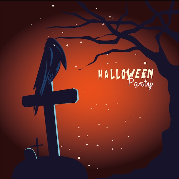 Fumetto del corvo di halloween sul disegno della tomba e dell'albero, vacanza e illustrazione di tema spaventoso