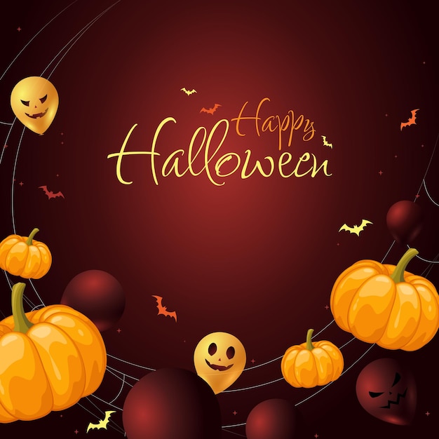 Halloween red background with sign pumpkins and balloons with faces