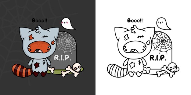 Halloween Red Panda Clipart veelkleurig en zwart-wit. Mooie illustraties Halloween dier.