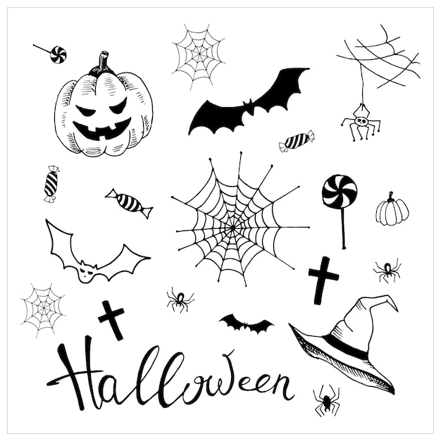 Halloween-reeks. collectie os eenvoudige doodle elementen voor halloween vakantie ontwerp. handgetekende illustraties. vector, geïsoleerd op wit.