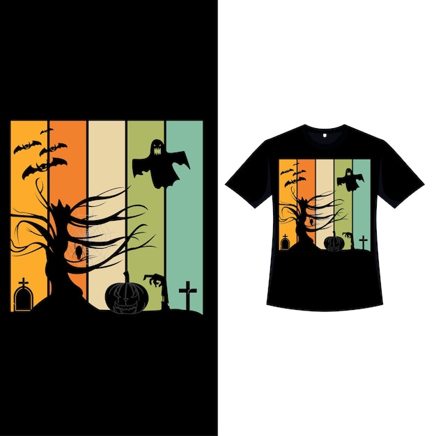 Vector halloween retro color tshirt design with a dead tree silhouette halloween fashion wear design with a dead tree ghost and pumpkin silhouette scary vintage color tshirt design for halloween event