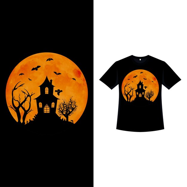 月の形をしたハロウィーンのレトロな色のTシャツのデザインと墓石のあるお化け屋敷ヴィンテージの色と怖い家のハロウィーンの怖いTシャツのデザインハロウィーンの怖いファッションデザイン